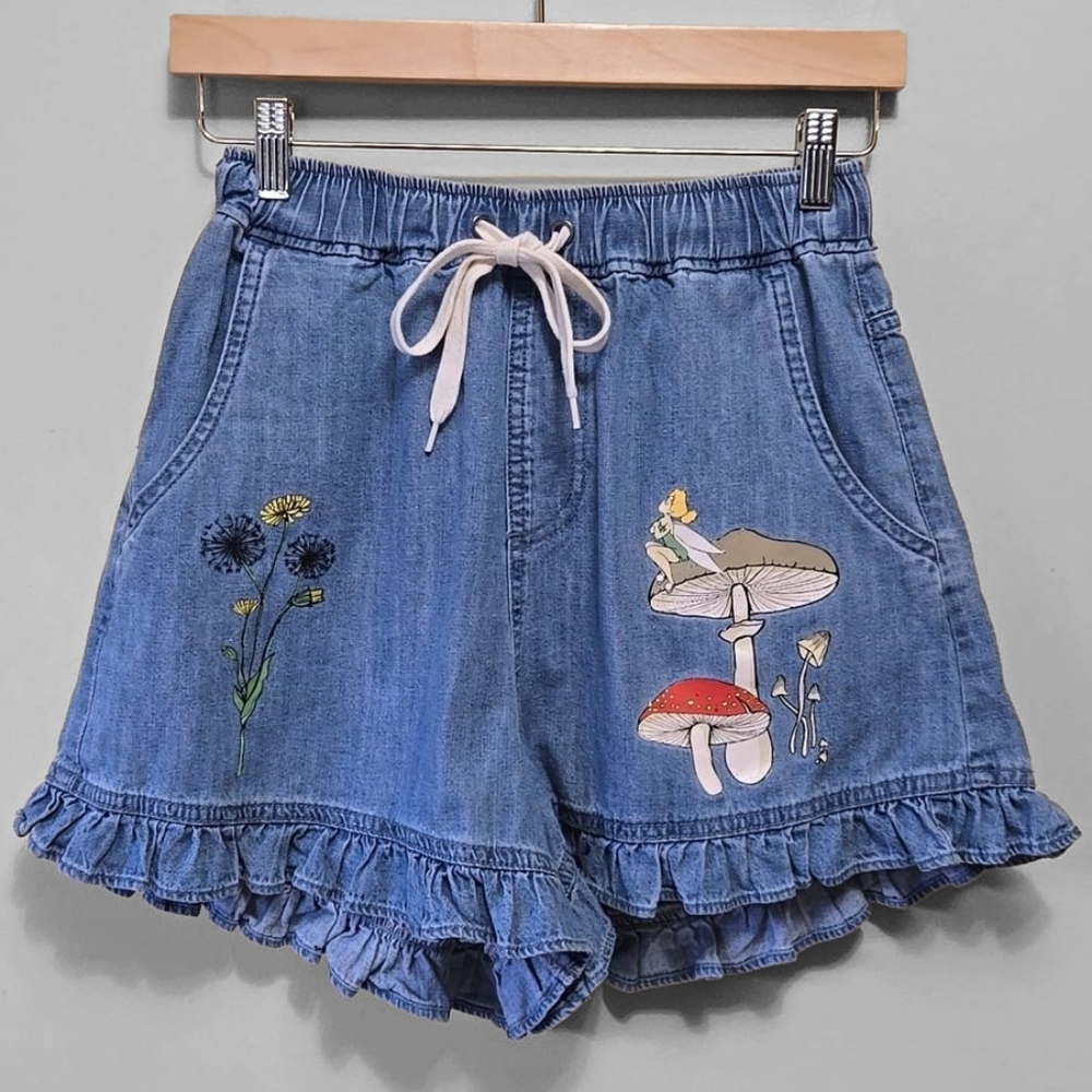 Hot Topic Disney Tinker Bell Denim Chambray Ruffle Shorts Mushroom Pull On Small